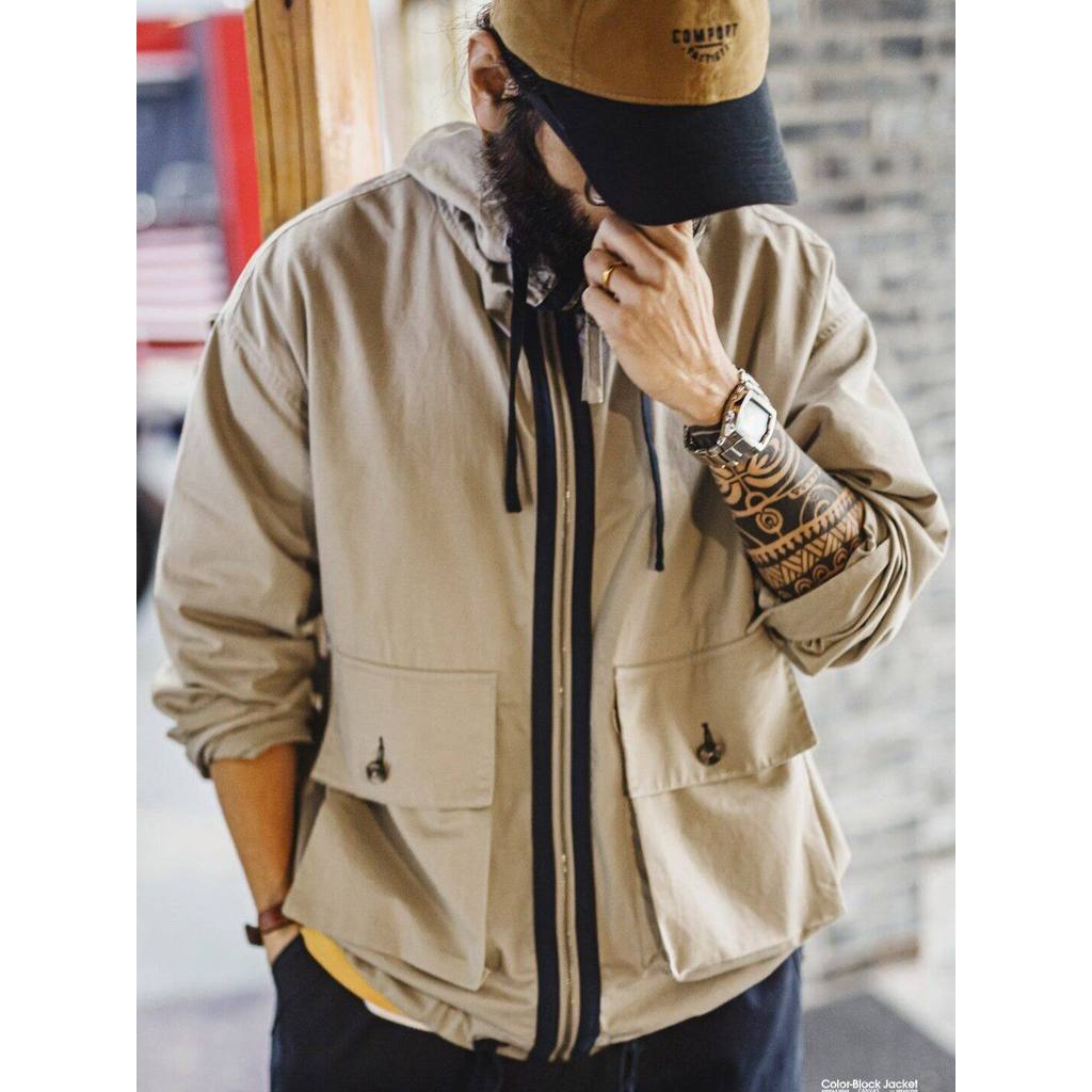 Retro Mens American Retro Cotton Canvas Jacket Khaki Multi-Pocket Stand Collar Hooded Thin Workwear Coat Spring — صورة 4