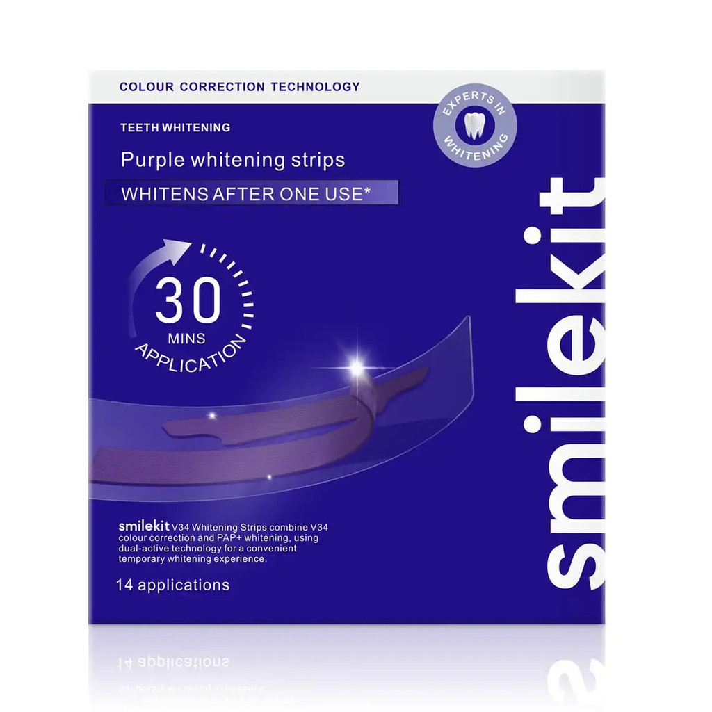 smileKit V34 Whitening Strips, Teeth Whitening Strips, Purple Tooth Whitening, Tooth Stain Treatment