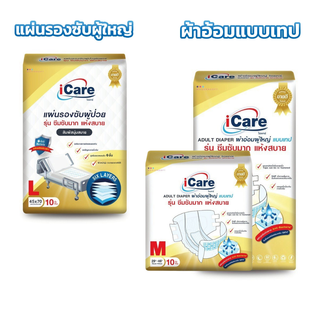 iCare Adult Tape Diaper and Absorbent Pad ผ้าอ้อมผู้ใหญ่ และแผ่นรองซับ ไอแคร์ 1 ชิ้น (.ผ้าอ้อมผู้ใหญ