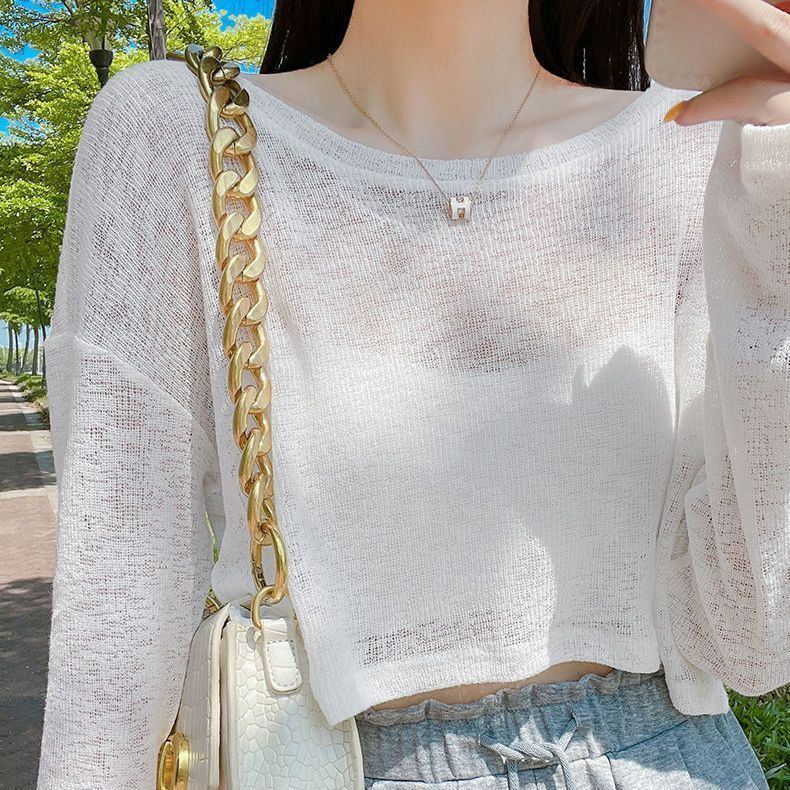 气质/ temperament 夏季甜美圆领短款微透宽松百搭简约显瘦外套头外罩修身裙子 หวานรอบคอสั้นไมโครโปร่งใสหลวมทุกการแข่งขัน Jane9963ddf