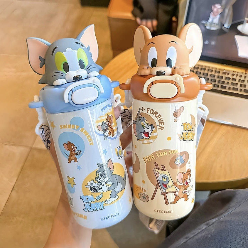 แก้วเก็บความเย็น ลายแมวและเมาส์ Tom and Jerry 480 มล สำหรับเด็กนักเรียน สแตนเลส 316 มีหลอดดื่ม กันรั่ว กันตก ไม่มี BPA ของแท้ 100%