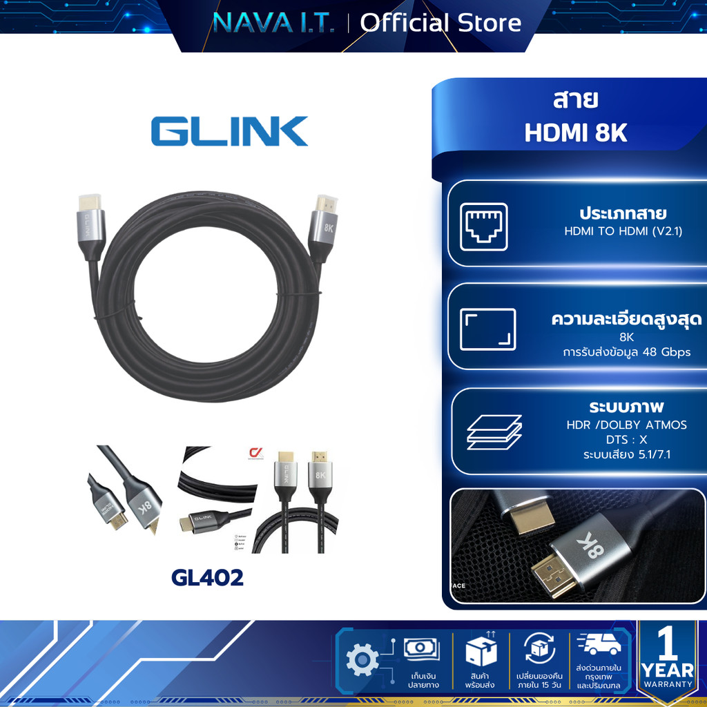 GLINK GL-402 GL402 CABLE สายHDMI 8K (V.2.1) M/M ขนาด 2 / 3 / 5 เมตร