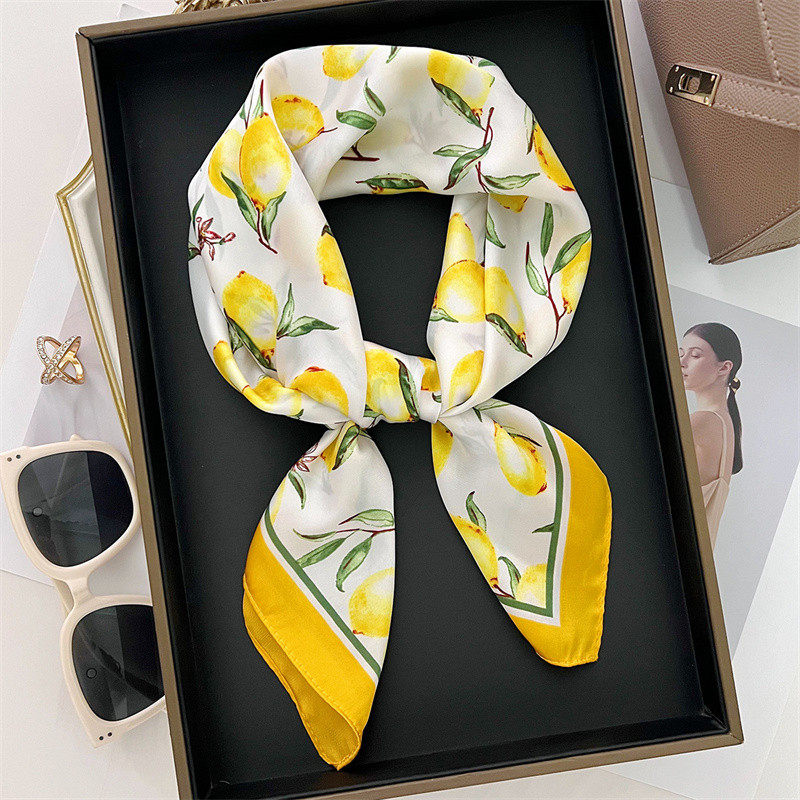 70cm Square Lemon Print Yellow Square Silk Scarf Casual Elegant Thin Breathable Neck Women Windproof Head Wrap Hair Scar