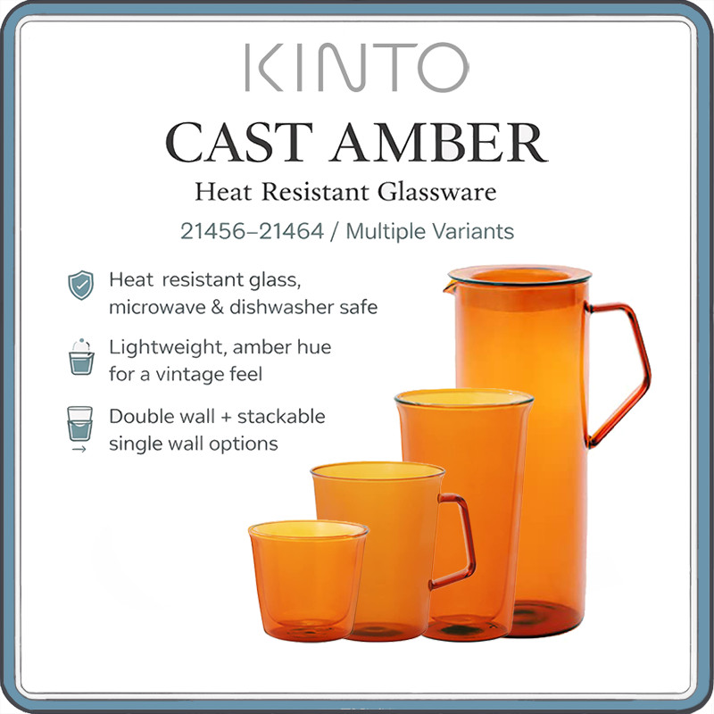 KINTO CAST AMBER Heat-Resistant Amber Glassware – 250 ml Glass, 220 ml Mug, 250 ml Double-Wall Cup & 750 ml Water Jug