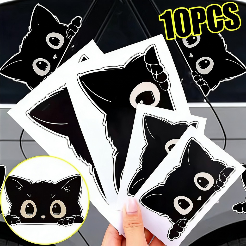 5/10ชิ้น - สติ๊กเกอร์ติดรถแมวดํา | PVC Scratch Cover Decal สําหรับรถยนต์, การออกแบบการ์ตูนน่ารักกันน้ํา, ง่ายต่อการใช้กับรถยนต์รถจักรยานยนต์จักรยานไฟฟ้า