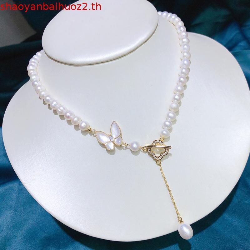 6-7 มม. สร้อยคอมุกน้ําจืดธรรมชาติวินเทจผีเสื้อโคลเวอร์สี่ใบOTหัวเข็มขัดโซ่กระดูกไหปลาร้า