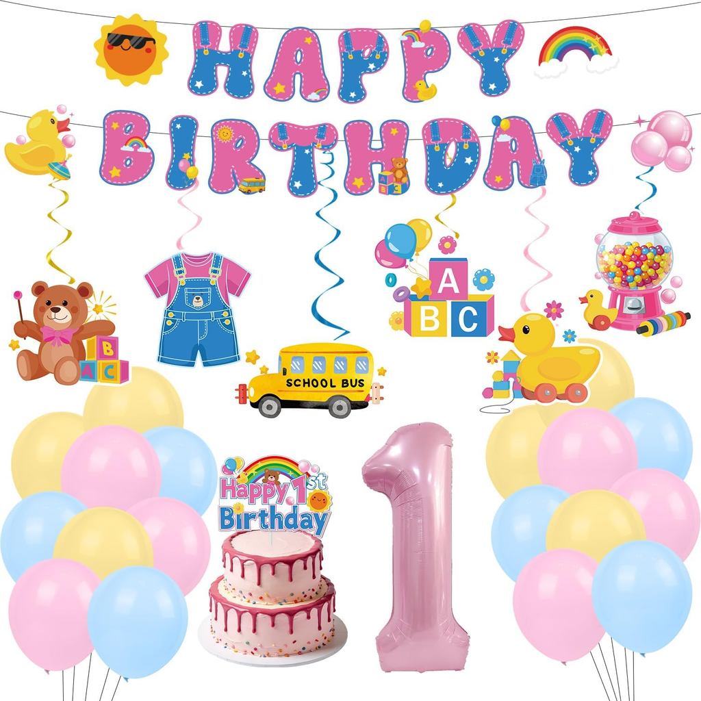 Rachell ครู 1st Birthday ตกแต่ง - 28 ชิ้นการ์ตูนภาษาอังกฤษครู Rachel Girls แบนเนอร์แขวน Swirls บอลลู