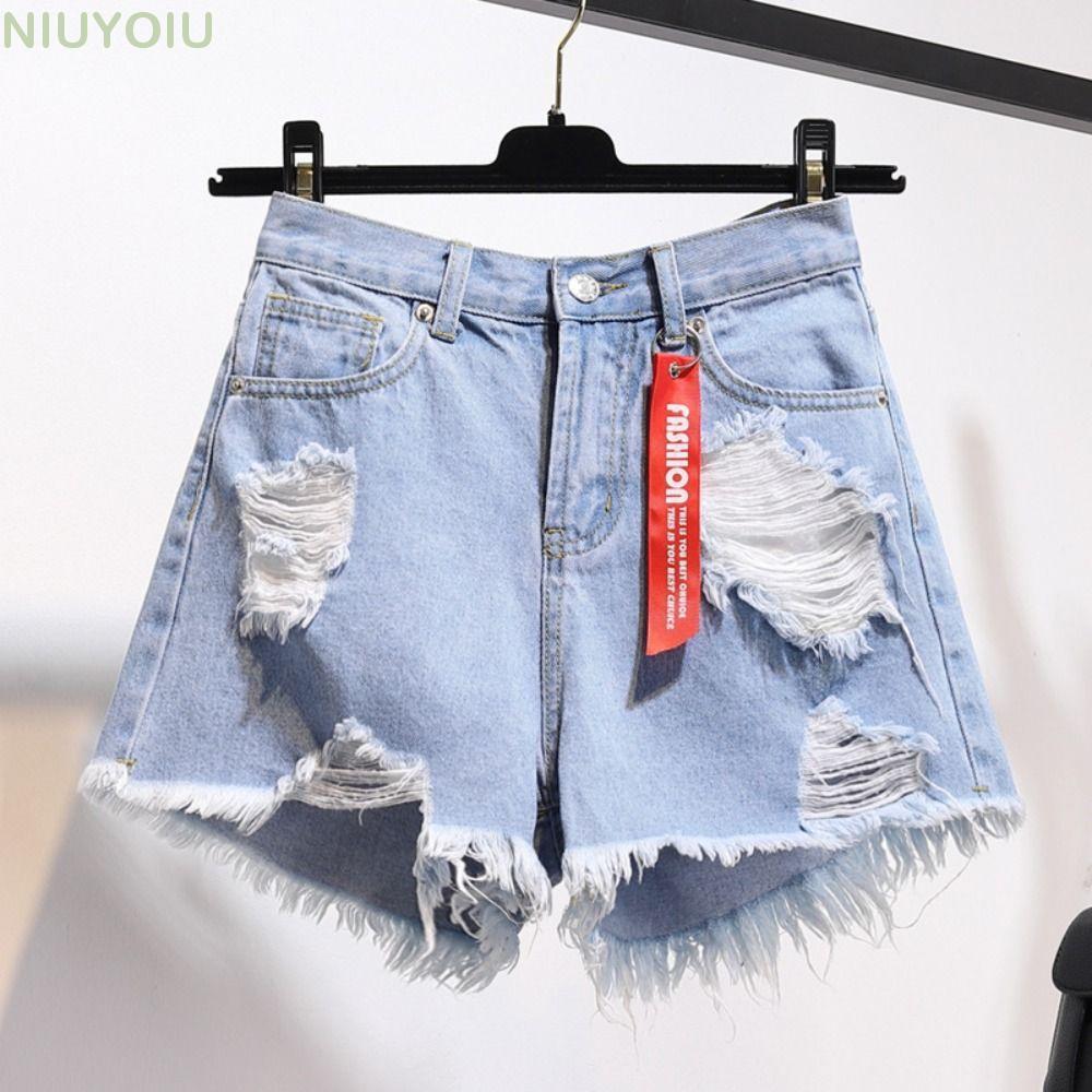 NIUYOIU Jean Shorts, Ripped Tassel Denim Shorts, Casual Frayed Raw Hem เอวสูง All-match Distressed S