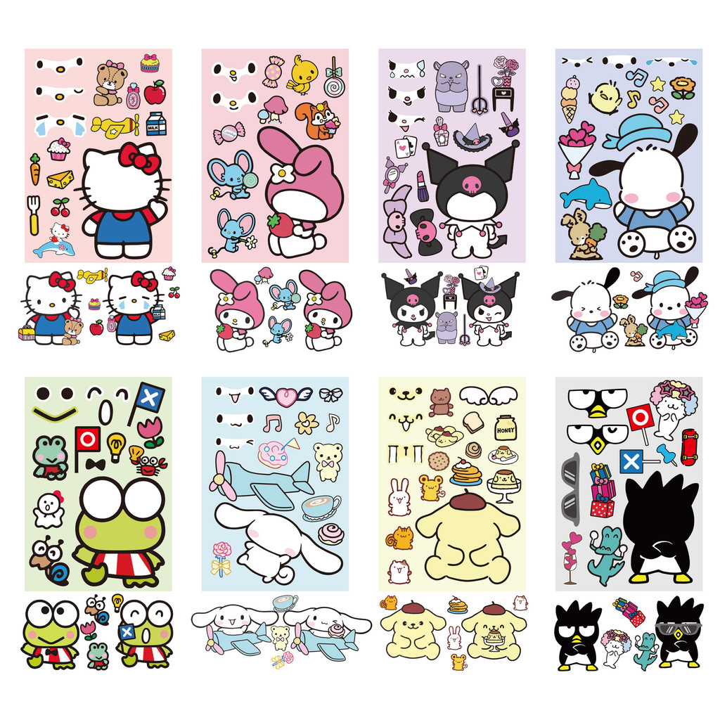 8PCS ใหม่ Sanrio Face เปลี่ยนสติกเกอร์น่ารักกันน้ํา Kuromi สติกเกอร์เด็ก DIY เครื่องเขียนสติกเกอร์