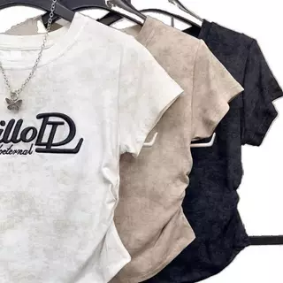 [Y D]🔥พร้อมส่ง🔥 เสื้อเด็กผู้หญิง เสื้อยืดแขนสั้น เสื้อครอปท็อป คอกลม เอวเข้ารูป พิมพ์ลายอักษร สไตล์เกาหลี #453