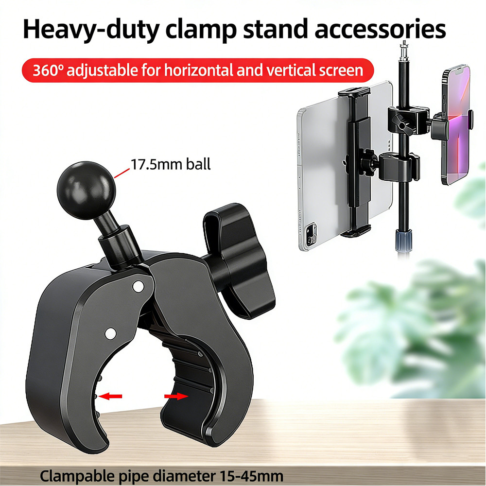 ขายึดซุปเปอร์แคลมป์สําหรับงานหนัก 360° หัวบอลที่วางโทรศัพท์แท็บเล็ตสําหรับจักรยานรถจักรยานยนต์โต๊ะอุปกรณ์ออกกําลังกายเหมาะกับท่อ 13-45 มม. & 4-12.9 "อุปกรณ์