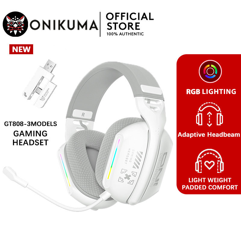 ONIKUMA GT808 หูฟังไร้สายสีขาว 2.4G USB/บลูทูธ/แบบมีสายสามโหมดชุดหูฟังสําหรับเล่นเกมแสง RGB แบตเตอรี่ความจุขนาดใหญ่เหมาะสําหรับอุปกรณ์ทั้งหมด