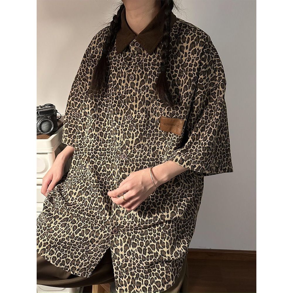 สองครั้งเสื้อคอปกแขนสั้นแบรนด์อเมริกันเกาหลี คนพาล ทอดเสื้ออินเทรนด์โปโลถนนเสือดาวพิมพ์ฤดูร้อนย้อนยุ