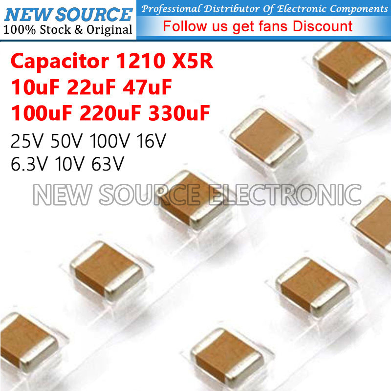 [1-2 ชิ้น] 1210 SMD 25V 50V 100V 16V 6.3V 10V 63V X5R ตัวเก็บประจุ 10uF 22uF 47uF 100uF 220uF 330uF แหล่งใหม่