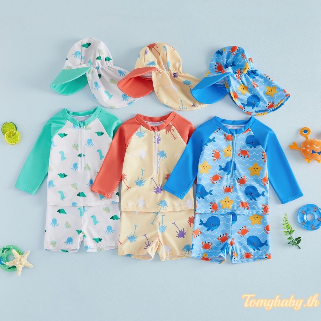 ชุดว่ายน้ำสามชิ้นสำหรับเด็กToddler แขนยาว พิมพ์ลายสัตว์ทะเล เสื้อกางเกง+หมวก