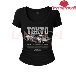 COD LANCAICAI Vintage JDM Super Car Print Stretchy Fitted T-Shirt Ladies Automotive Streetwear Top