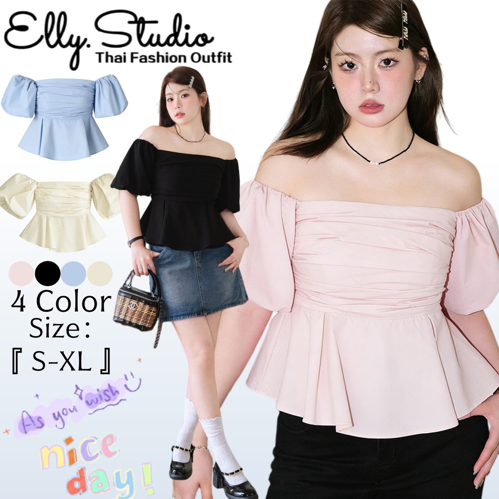 Elly พร้อมส่🦄งเสื้อเปิดไหล่ เสื้อครอปแขนพอง🦄เสื้อครอป เสื้อปาดไหล่ ชุดไปทะเลผ้าร่องน่ารัก sexy lady เรียบหรู