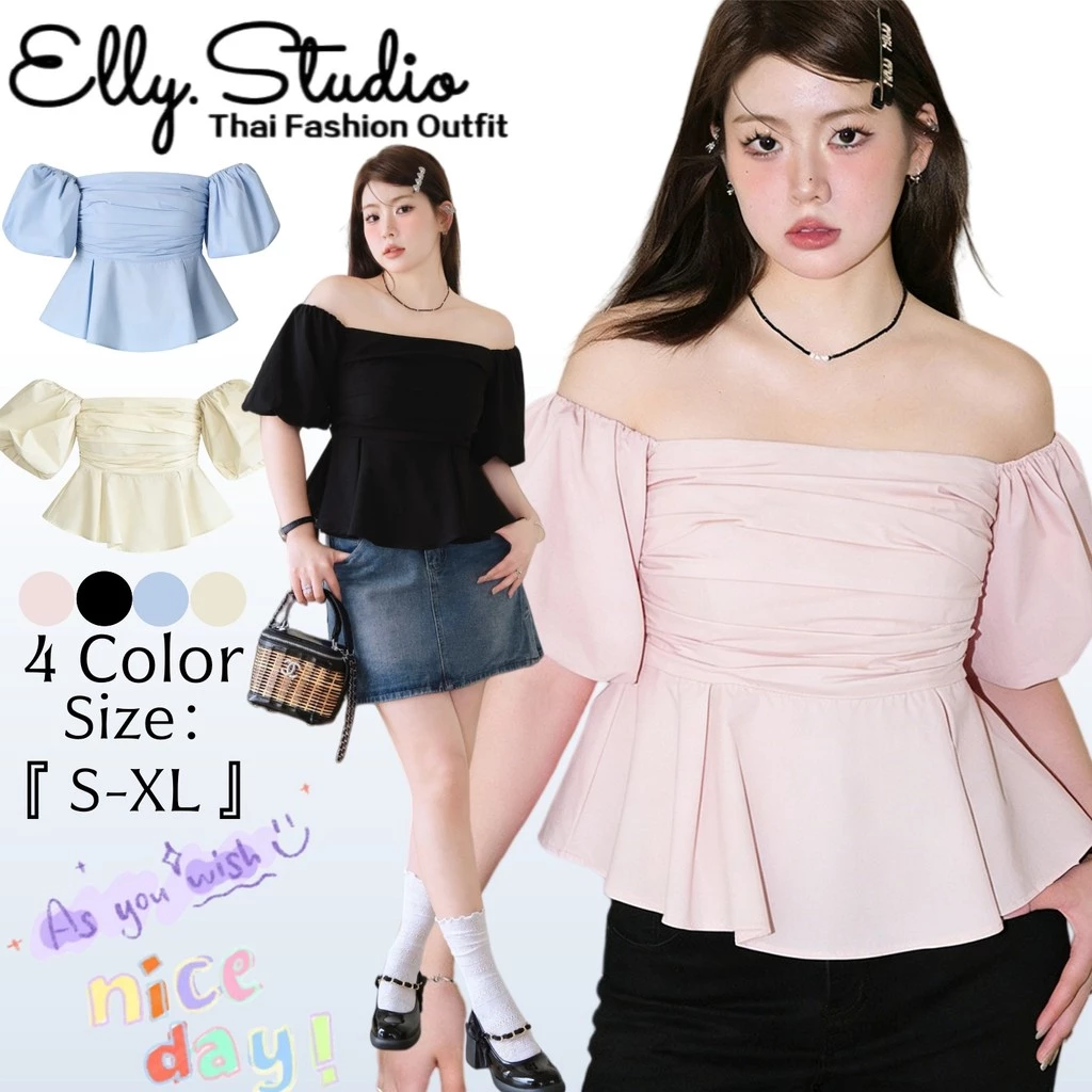 Elly พร้อมส่ง🦄งเสื้อเปิดไหล่ เสื้อครอปแขนพอง🦄เสื้อครอป เสื้อปาดไหล่ ชุดไปทะเลผ้าร่องน่ารัก sexy lady เรียบหรู