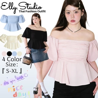 Elly พร้อมส่ง🦄งเสื้อเปิดไหล่ เสื้อครอปแขนพอง🦄เสื้อครอป เสื้อปาดไหล่ ชุดไปทะเลผ้าร่องน่ารัก sexy lady เรียบหรู