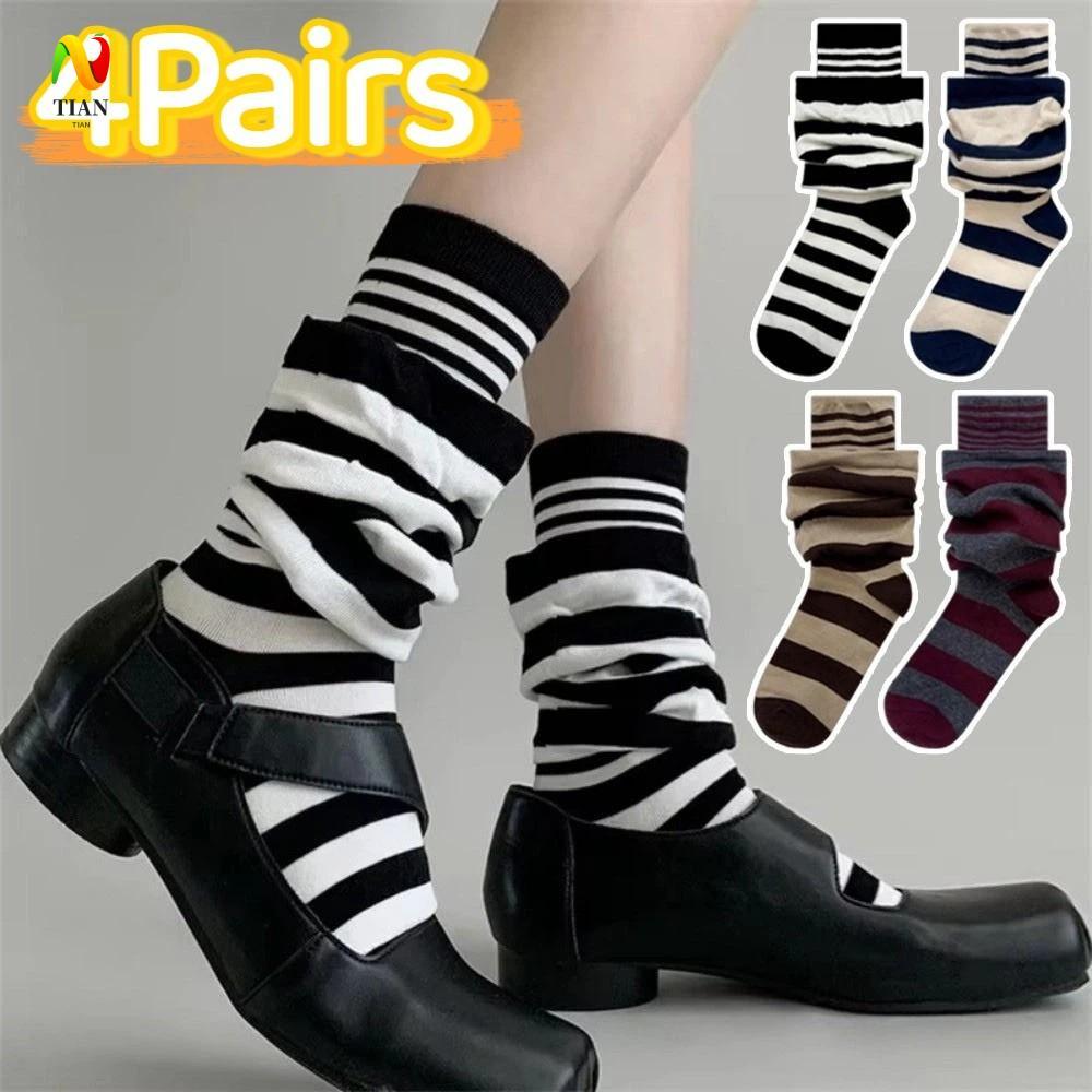 INQUIRY IMPACT 4 คู่ Ruffle Stripe Stocking, ปลอมสองชิ้นหลวมลายถุงเท้ากอง, แฟชั่น Warm Patchwork นุ่