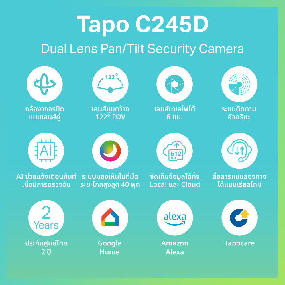 TP-Link Tapo C245D Dual Lens 2K 3MP เลนส์กว้าง122°/ เทเล6mm มี AI ตรวจจับคน สัตว์ รถ เสียงเด็ก Pan/T