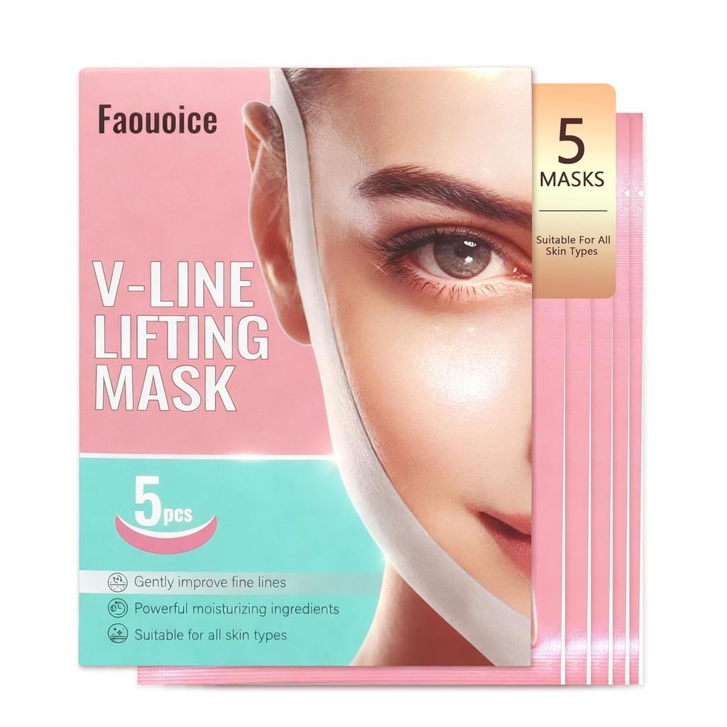 มาส์กหน้าคอลลาเจนยกกระชับ V-Line (5 ชิ้น), ลดคางคู่พร้อมกรดไฮยาลูโรนิกและว่านหางจระเข้, มาส์กหน้าคอล