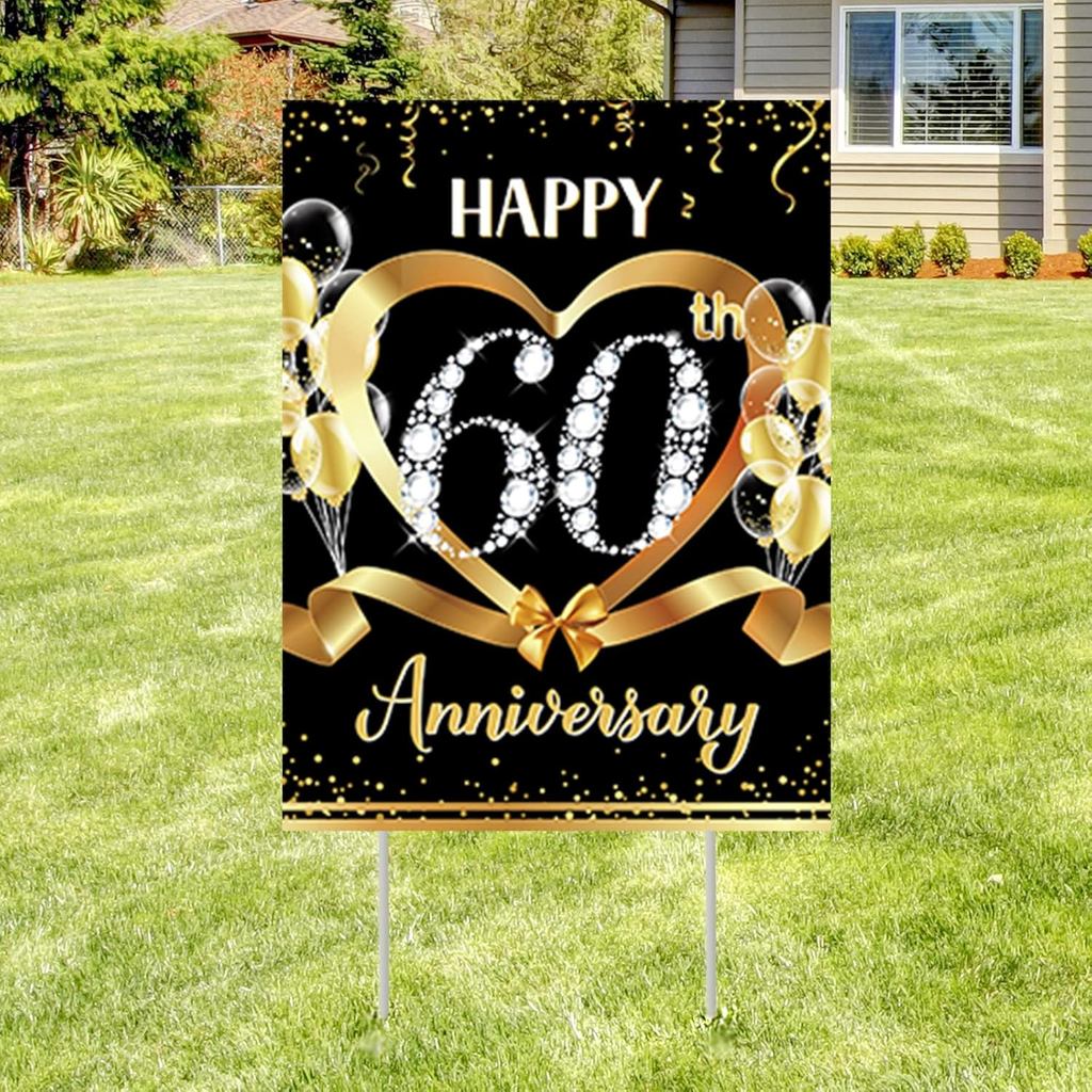 60th Anniversary YARD Sign ตกแต่ง Happy 60th Anniversary ป้ายลานกลางแจ้งพร้อม Stakes สําหรับ Happy 6