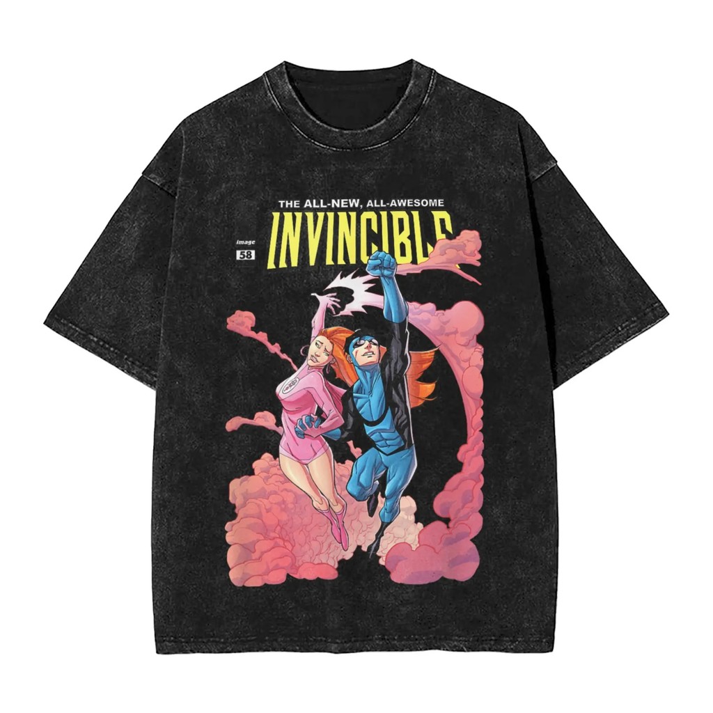 เสื้อยืดการ์ตูน Invincible Mark, Omniman, Thragg และ Atom Eve ทำจากผ้าฝ้าย heavyweight washed สวมใส่