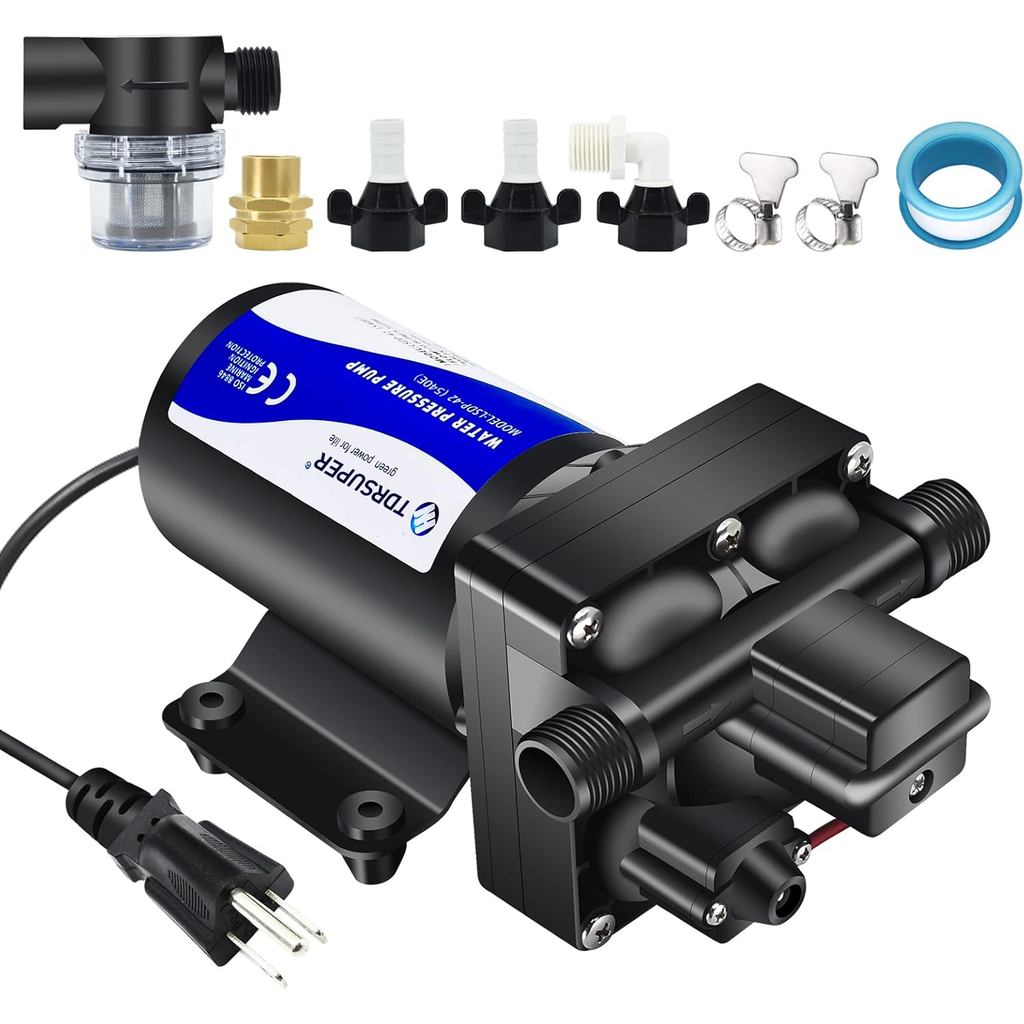 ปั๊มเพิ่มแรงดันน้ํา, ปั๊มไดอะแฟรมน้ํา AC 110V, 5.5GPM 75PSI พร้อมปลั๊กไฟ, Self Priming RV ปั๊มน้ําสํ
