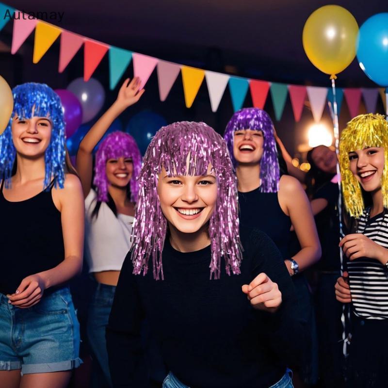 Autamay หมวกเงางาม Metallic Tinsel Foil สำหรับชุดแฟนซีงานปาร์ตี้และคอสเพลย์