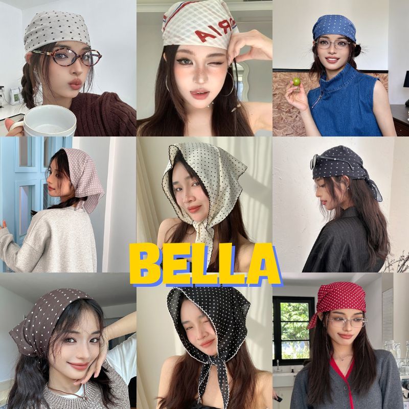 BELLA 🌸【พร้อมส่ง】ผ้าโพกหัววินเทจจุดสีดำและสีขาว ผ้าพันคอซาติน เกาหลีสไตล์ผู้หญิง ส่งจากไทย TJ004 TJ0