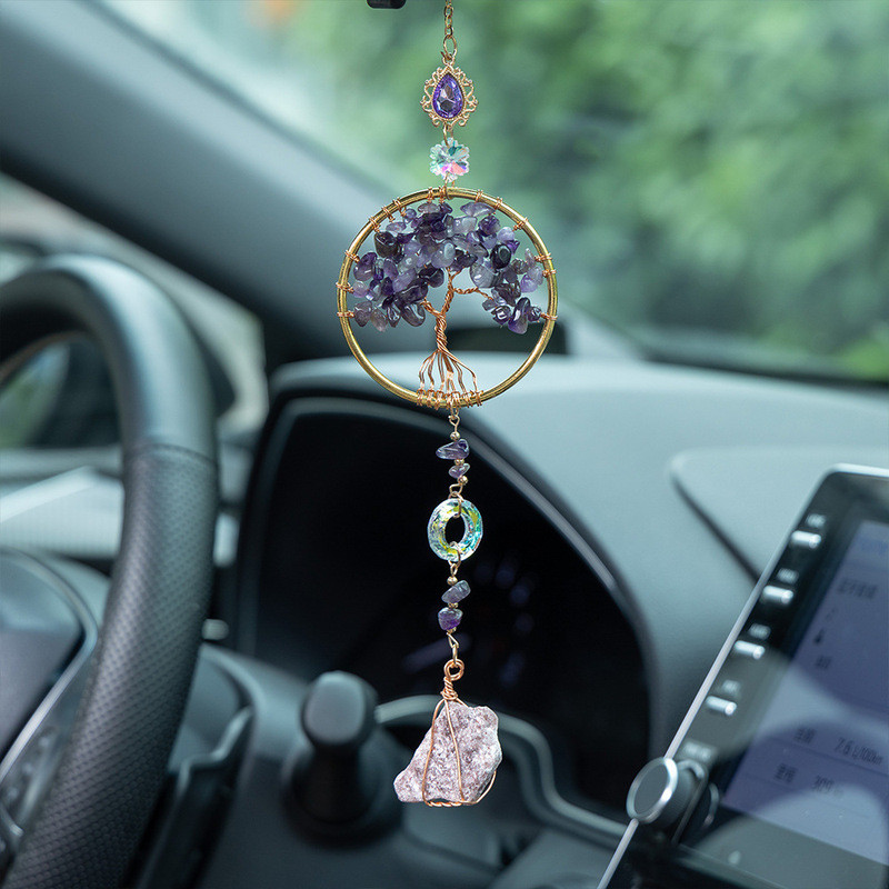 [การเลือก Anyuan] จี้รถ Amethyst Electroplating Tree of Life Dream Catcher หินธรรมชาติ Dream Catcher
