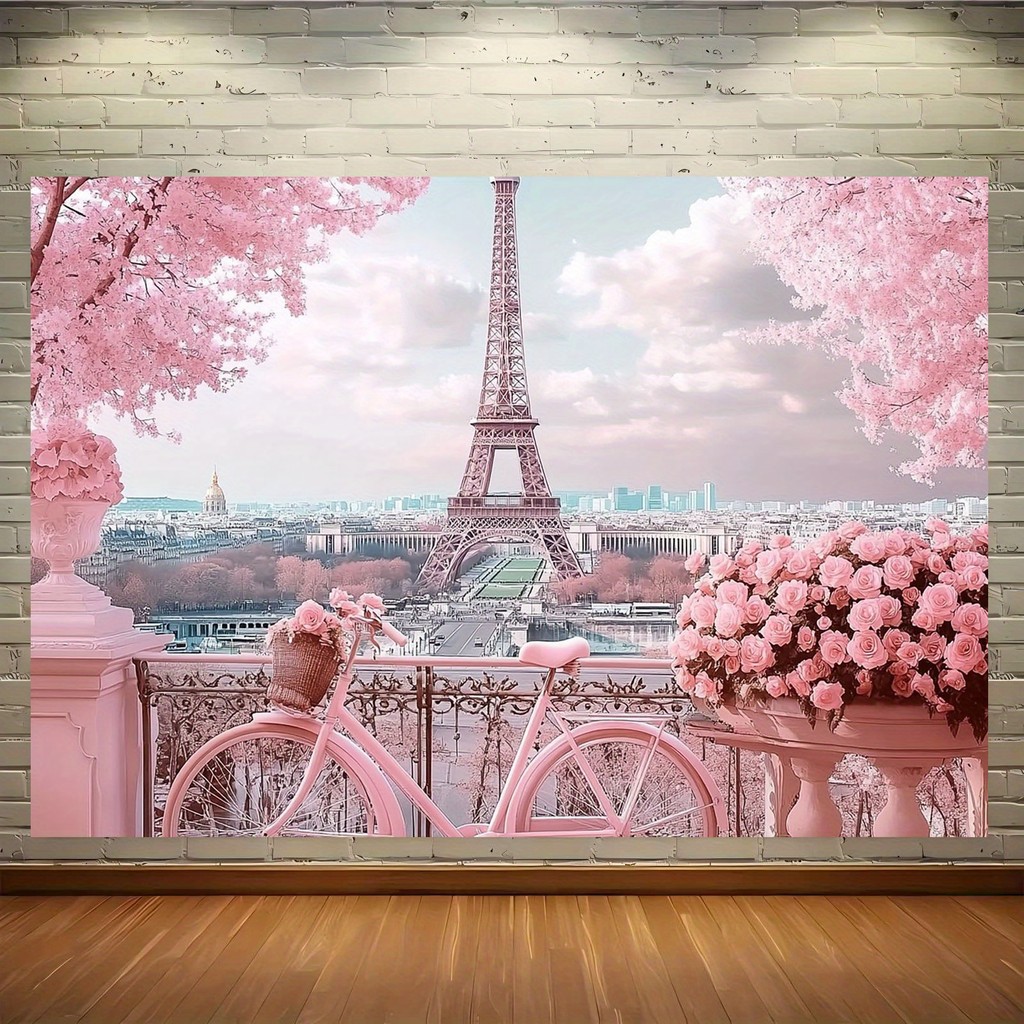 จักรยานสีชมพูหรูหราและหอไอเฟลผ้าพื้นหลังโพลีเอสเตอร์--เหมาะสําหรับสตูดิโอถ่ายภาพครอบครัวและฉลอง-ผ้าพื้นหลังปาร์ตี้มัลติฟังก์ชั่พื้นหลังส | ธีมปารีสโรแมนติก | แบนเนอร์โพลีเอสเตอร์