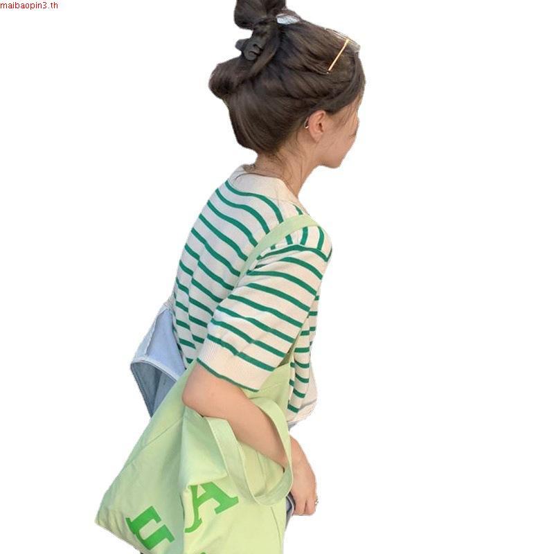 เสื้อ arrow lite เสื้อโปโล เสื้อถักคอโปโลแนววินเทจเสื้อแขนสั้นลายทางสำหรับผู้หญิงเสื้อยืดทรงหลวมแบบเ