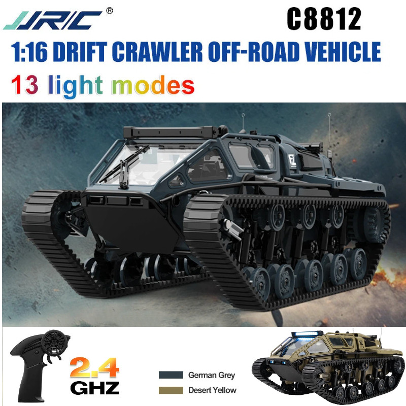 JJRC C8812 1:16 รถตีนตะขาบดริฟท์ 360° หมุน 13 โหมดแสงมอเตอร์คู่ RC ติดตามรถสําหรับเส้นทางทุ่งหญ้าถนน