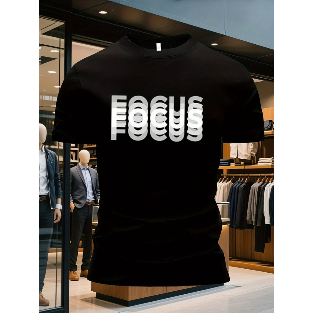 ทีเชิ้ตผู้ชายขนาดใหญ่สีดำแบบสบายๆ พร้อมลายกราฟิก "FOCUS" สีขาวที่โดดเด่น - น้ำหนักเบาและระบายอากาศได้ดี