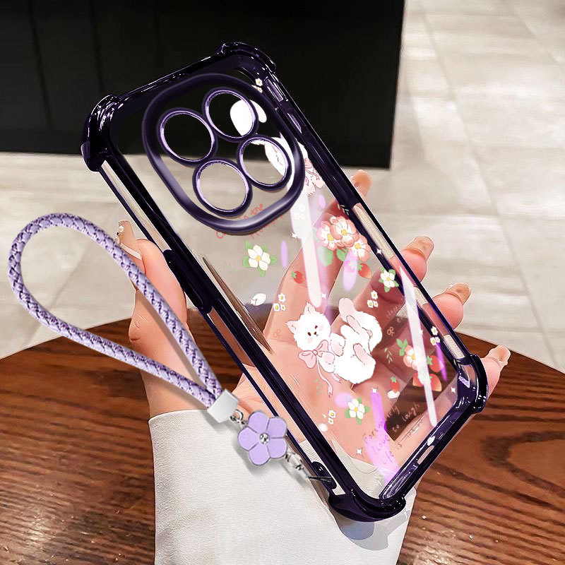 VRQR สําหรับ Xiaomi Redmi Note 15 Pro Plus หมายเหตุ 15 Pro + 5G 4G Poco M8 Pro 5G แมวน่ารักและกระต่ายโปร่งใสกันกระแทกเคสโทรศัพท์พร้อมเชือกดอกไม้