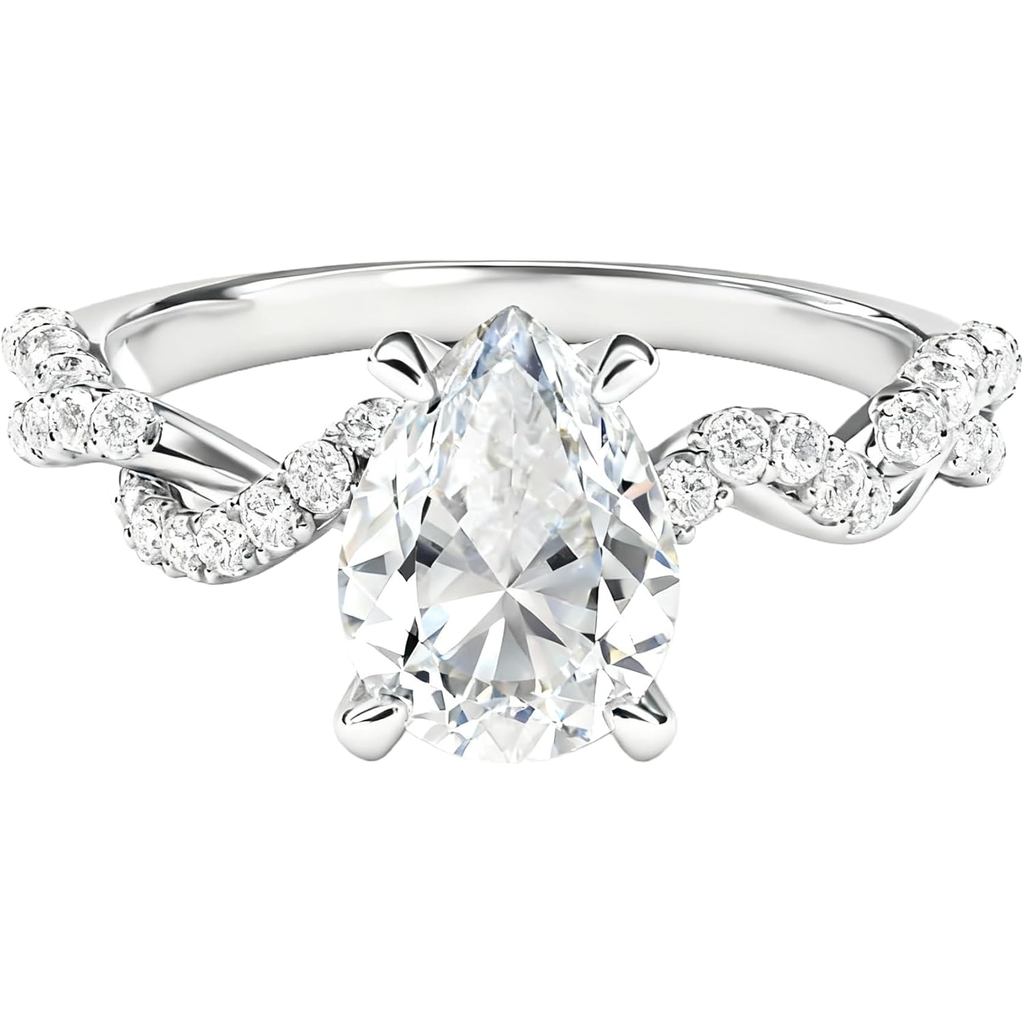 แหวนเพชร 10K ทองคำขาว พร้อมเพชรทรงหยดน้ำและขอบเกลียว เพชรคุณภาพสูง VVS1-VVS2 สำหรับการหมั้น แต่งงาน 