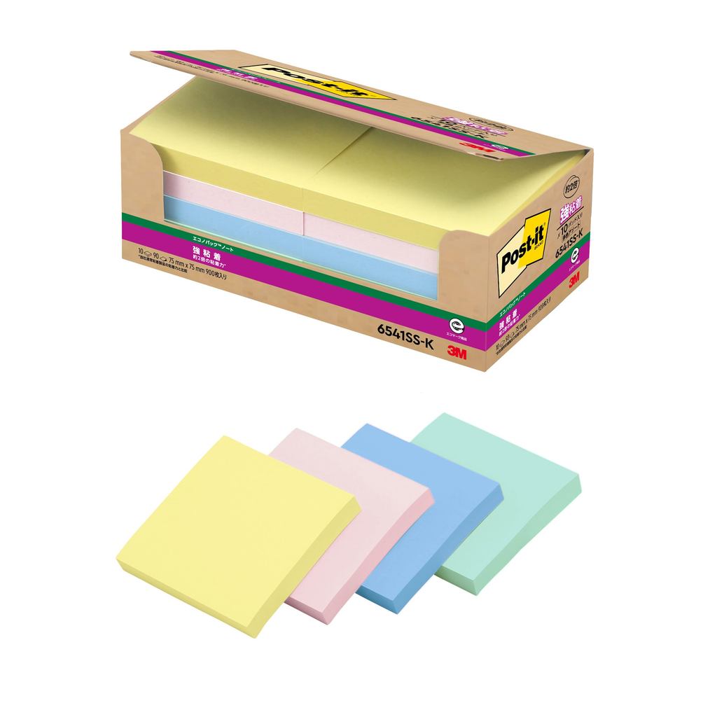 3M Post-it Notes Strong Adhesive Large Size Pastel Color 75×75mm 90 sheets × 10 pads 6541SS-K Eco Ma
