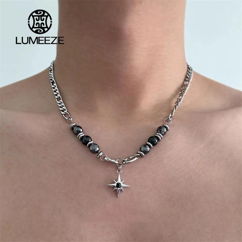 LUMEZE ไทเทเนียมเหล็ก Obsidian Star สร้อยคอสําหรับ Man Punk ลูกปัด Clavicle Chain หรูหราจี้เครื่องประดับ Hip-hop อุปกรณ์เสริม XL311 #