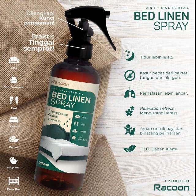 สเปรย์ผ้าปูเตียง Racoon 250ml ต้านเชื้อแบคทีเรียและไวรัส / น้ํามันหอมระเหย RACOON Bed Bugs Killer Pe