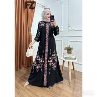 อาบายามุสลิมสีดําคลาสสิกลายดอกไม้สีชมพูและลายเรขาคณิตเย็บปะต…