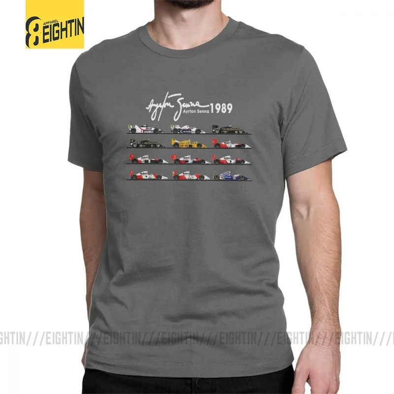 ผู้ชาย เสื้อยืดรถแข่ง Aryton Senna แขนสั้น คอกลม เสื้อยืดผ้าฝ้ายบริสุทธิ์