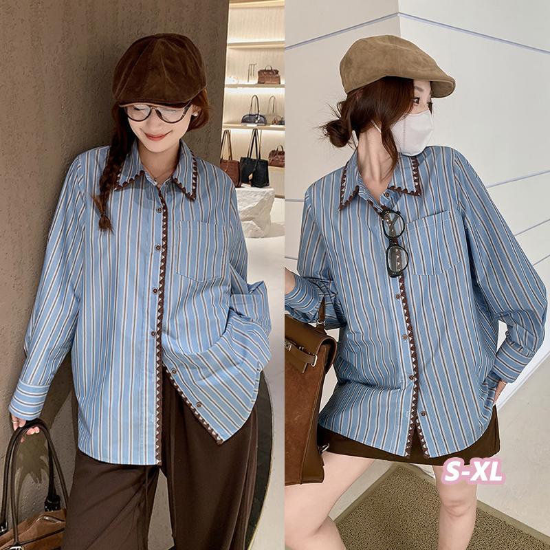 เสื้อเชิ้ตลายทางย้อนยุคสำหรับสาวพลัสไซส์ สไตล์เกาหลี ใส่สบาย