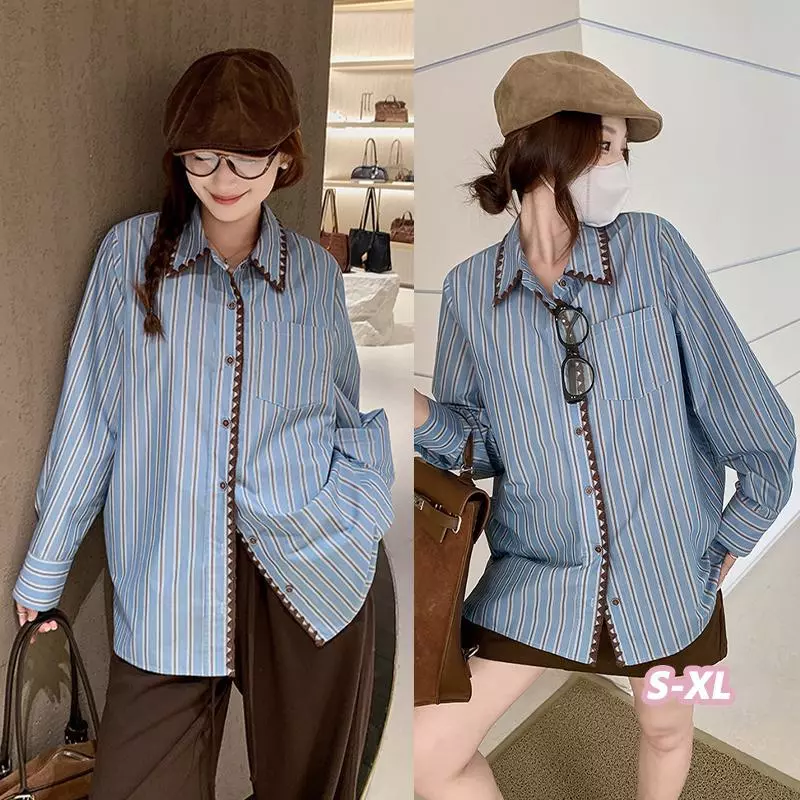 🌵Grace_chili🌵 เสื้อเชิ้ตลายทางย้อนยุคแบบสีตัดกันสำหรับผู้หญิงไซส์ใหญ่ เสื้อเชิ้ตแบบกระดุมแถวเดียวสไตล์เกาหลี 99140