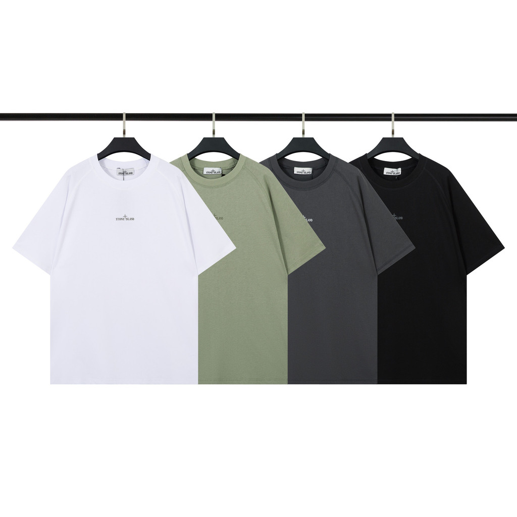 TQYA Stone Island ผ้าฝ้ายแท้แขนสั้นผู้ชายผู้หญิงคู่ Casual เสื้อยืดเข็มทิศพิมพ์แขนสั้น