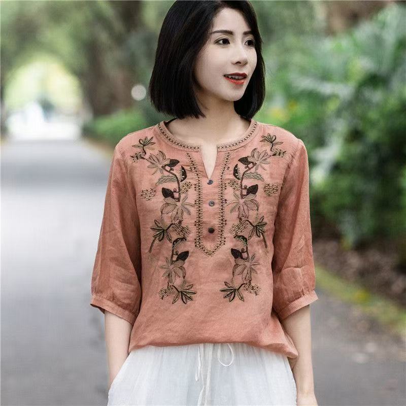 เสื้อลายสไตล์แฟรงค์สำหรับผู้หญิง ทำจากผ้าฝ้ายและลินิน ทรงโอเวอร์ไซส์