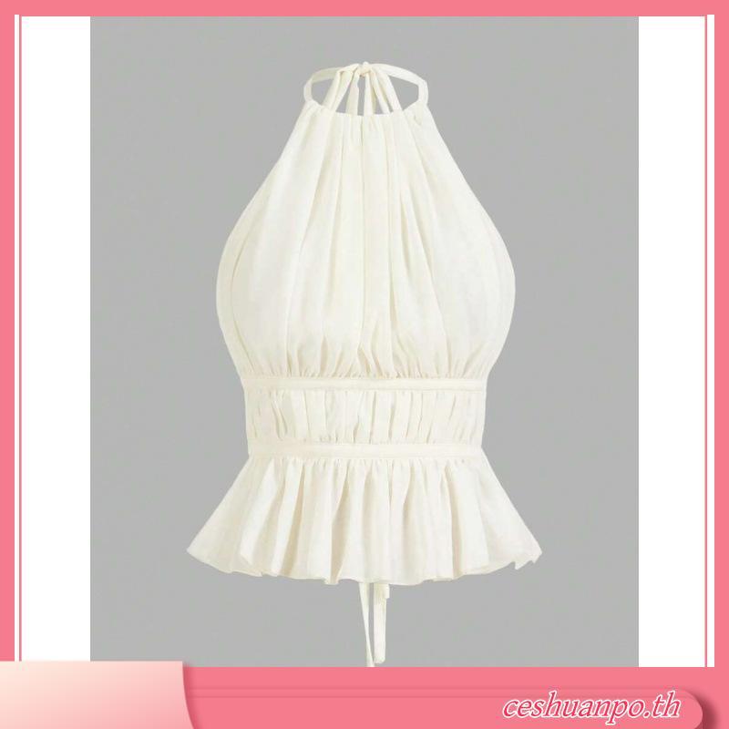 LE DOS - Peo Halter Top เสื้อคล้องคอ ผูกหลัง กำมะหยี่ติดเพชร