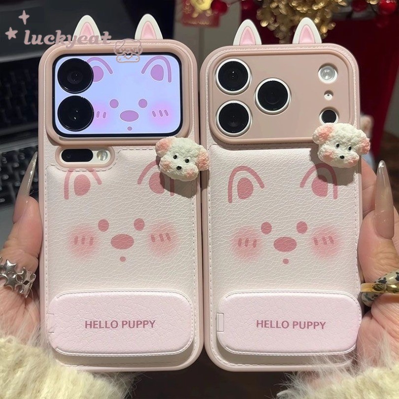 3D DIY Blush หูลูกสุนัขหนังเคสโทรศัพท์ + กระจกหนังสําหรับ iPhone 17 16 15 14 13 12 11 Pro Max X Xr Xs Max 7 8 Plus SE2020