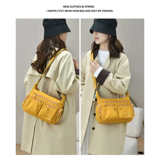 กระเป๋าสะพายข้างสุภาพสตรีไซซ์ใหญ่ ทำจากไนลอน สีทึบ ปรับระดับสายคล้องไหล่ได้